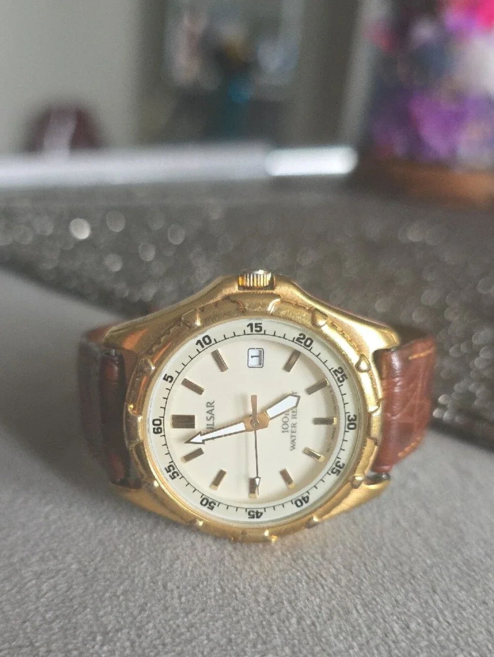 Pulsar Gold-Tone Men's Watch with White Dial and Brown Strap